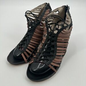 Mea Shadow Sandals Women's US 8.5 Black Taupe Faux Leather Straps Ankle Zip‎